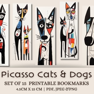 Picasso Cat & Dog Bookmarks: 15 Unique Designs (Digital Download)