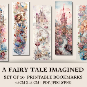 5 bookmarks on a neutral background.  Bookmarks have watercolour images of castles, princesses and flowers.  Colours are feminine pastel pinks & blues. Bookmarks are suitable book lovers, fantasy lovers and girls.  Text stating printable bookmark