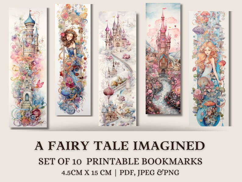 5 bookmarks on a neutral background.  Bookmarks have watercolour images of castles, princesses and flowers.  Colours are feminine pastel pinks & blues. Bookmarks are suitable book lovers, fantasy lovers and girls.  Text stating printable bookmark
