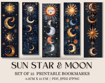 Sun and Moon Printable Bookmarks, Celestial Designs, Digital Download,  Moon Night Sky Bookmarks, Reader Bookmark, Bookmark Bundle