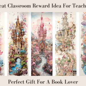 Image of 5 fairy tale bookmarks on a neutral background.  Bookmarks have romantic, feminine watercolour illustrations of castles and princesses surrounded by flowers.  Text stating perfect gift for book lover and a great classroom reward idea