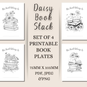 Daisy Book Stack Printable Book Plates, Floral Gift (Digital Download)