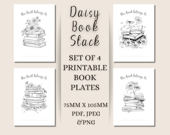 Daisy Book Stack Printable Book Plates, Floral Gift (Digital Download)