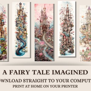 5 bookmarks on a neutral background.  Each bookmark has a different image of fairy tale castles in soft feminine pinks & blues.  Text states download to computer and print at home.