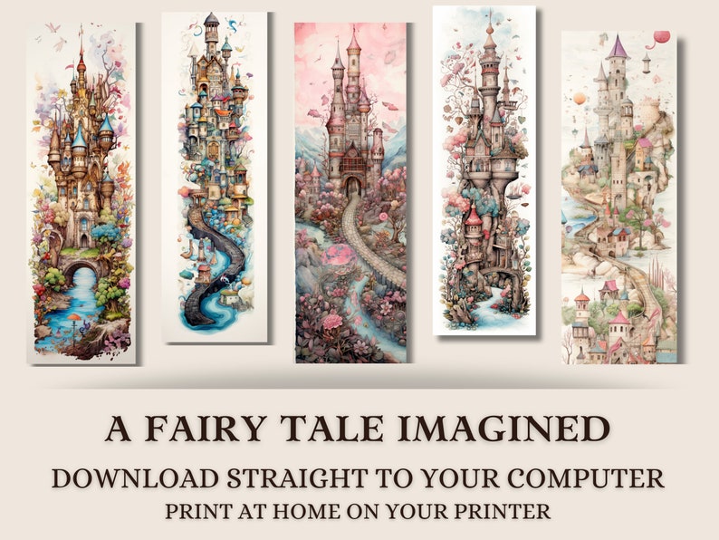 5 bookmarks on a neutral background.  Each bookmark has a different image of fairy tale castles in soft feminine pinks & blues.  Text states download to computer and print at home.