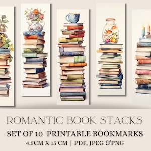 May include: Set of 10 printable bookmarks featuring stacks of vintage books with various decorative elements, including a potted plant, a teapot with flowers, a teacup, a fishbowl with a goldfish, and candles. Each bookmark measures 4.5 cm by 15 cm.  ROMANTIC BOOK STACKS SET OF 10 PRINTABLE BOOKMARKS 4.5CM X 15 CM | PDF, JPEG &PNG