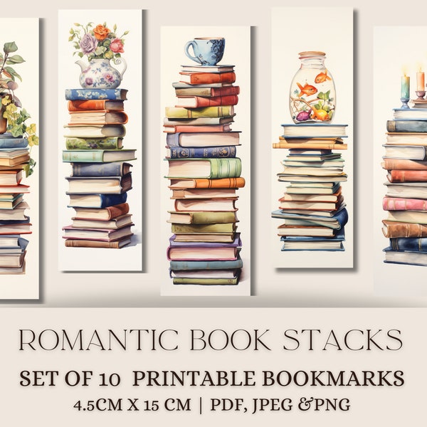 Set of 10 vintage romantic book stack bookmarks printable stack of books bookmark watercolor bookmark digital download for book lover gift