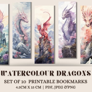 Watercolor Dragon Printable Bookmarks: Fantasy Romance Set of 10 (Digital Download)