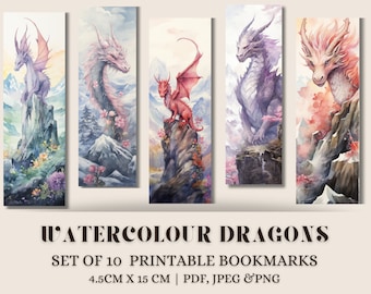 Watercolor Dragon Printable Bookmarks: Fantasy Romance Set of 10 (Digital Download)
