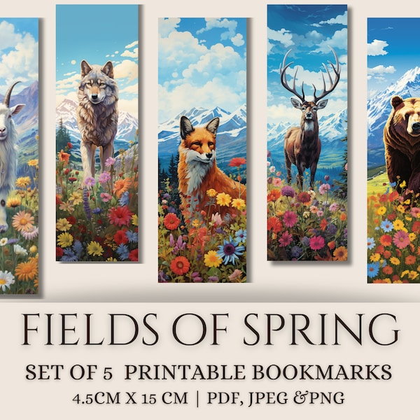 Fields of Spring Printable Bookmarks with fox art, bear art, stag art, , wolf art, colourful bookmark printable for book lovers bookmark