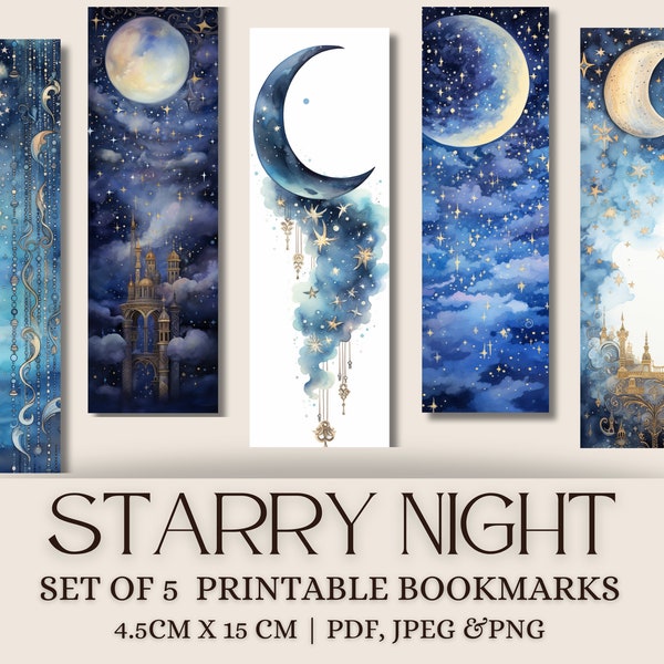 Set of 5 Watercolor Starry Night Bookmark printable night sky bookmark digital download for book lover gift bookish fantasy bookmark