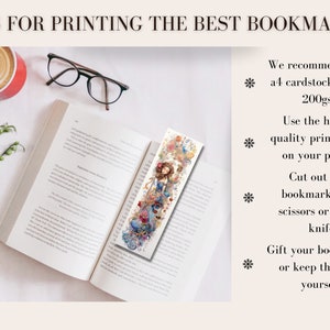 Flat lay image of open book with a bookmark featuring a romantic image of princess in a blue dress surrounded by flowers.  Text of tips to print the best bookmarks.