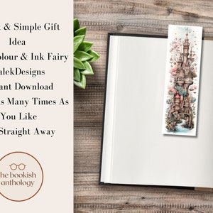 Image of an open book with blank pages and a single bookmark with a romantic water colour illustration of a fantasy castle laying on top.  Text stating a simple gift idea.