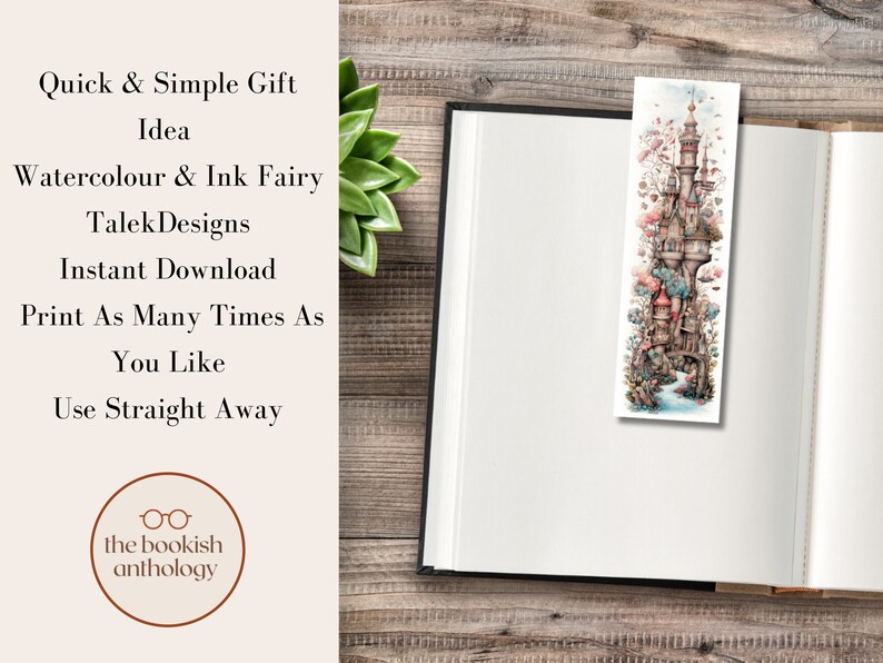 Image of an open book with blank pages and a single bookmark with a romantic water colour illustration of a fantasy castle laying on top.  Text stating a simple gift idea.