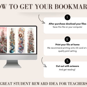 Image of a computer screen with images of 5 different fairy tale inspired bookmarks.  Text stating how to get your bookmarks after purchase.  Text stating great student reward idea for teachers.