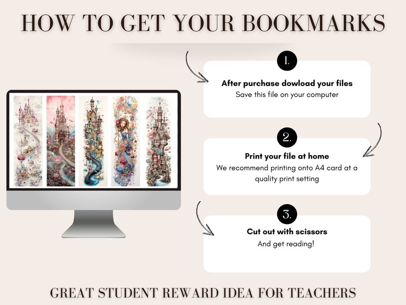 Image of a computer screen with images of 5 different fairy tale inspired bookmarks.  Text stating how to get your bookmarks after purchase.  Text stating great student reward idea for teachers.