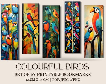 Marcapáginas de pájaros de colores: Set de 10 diseños imprimibles (PDF, JPEG, PNG)