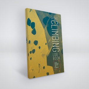 May include: A rectangular book titled Sport Climbing Log Book with a visual progress tracker for climbers. The cover features a split design with a yellow section showing dark climbing holds and a dark teal section with white text.