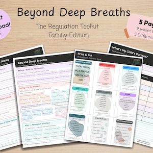 May include: A collection of printable educational resources titled "Beyond Deep Breaths: The Regulation Toolkit Family Edition." The materials include notes, reference cards, and tools for managing emotions. The image shows 5 pages, 9 wallet cards, and 5 different tools.