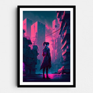 Puede incluir: Impresión de arte digital de una persona en una ciudad futurista. La obra de arte presenta una paleta de colores rosa, azul y negro, con edificios altos y un coche en el fondo. La persona lleva un abrigo largo.