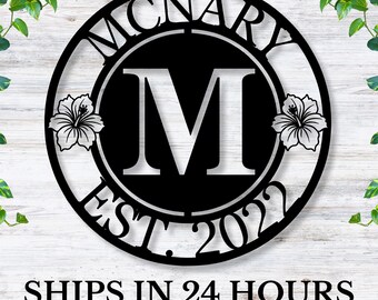 Personalized Metal Last Name Sign with Monogram and Established Date / Custom Family Name Wall Art with Floral Accents / Name Sign / Gift