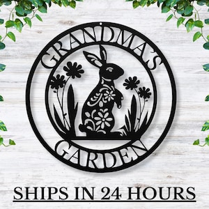 Personalized Garden Metal Sign / Custom Garden Decor with Rabbit and Flowers / Custom Outdoor Wall Art / Personalized Garden / Garden Gift