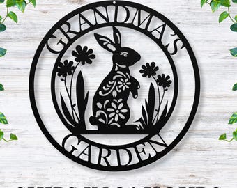 Personalized Garden Metal Sign / Custom Garden Decor with Rabbit and Flowers / Custom Outdoor Wall Art / Personalized Garden / Garden Gift