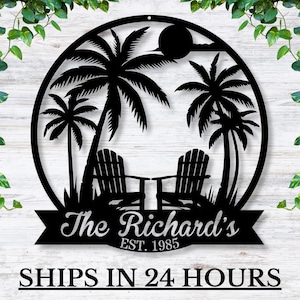 May include: Black metal silhouette of two beach chairs under palm trees with a sun and waves in the background. The text "The Richard's Est. 1985" is on a banner below the chairs.