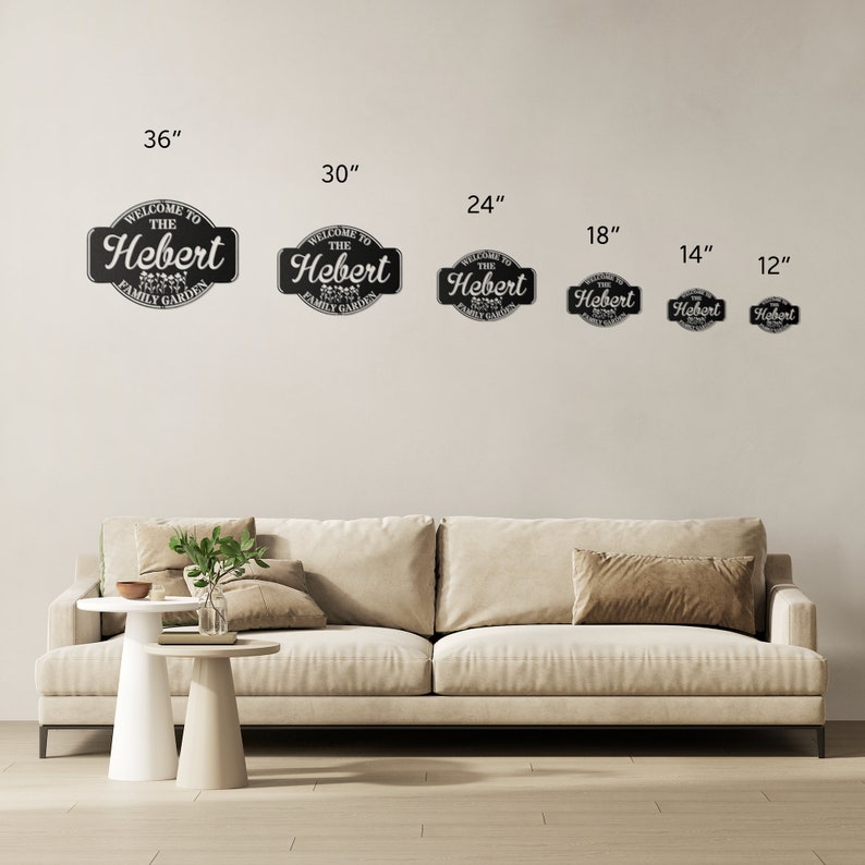 May include: Black and white welcome sign with the text "Welcome to the Hebert Family Garden". The sign is shown in various sizes, from 36 inches to 12 inches.