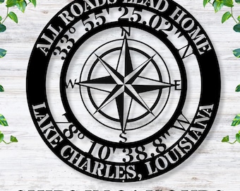 Personalized Metal Compass Sign - Custom Coordinates & City Wall Art with Rose Compass Design - Rustic Home Decor, Travel Gift, Home Decor
