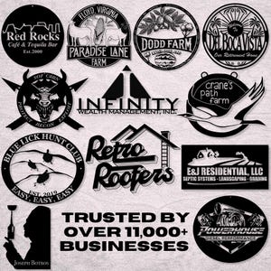May include: A collection of black metal signs with various designs and text. The signs include logos for businesses like "Red Rocks," "Paradise Lane Farm," and "Retro Roofers." The text "Trusted by Over 11,000+ Businesses" is also displayed.