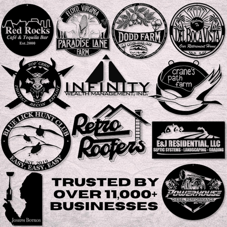 May include: A collection of black metal signs with various designs and text. The signs include logos for businesses like "Red Rocks," "Paradise Lane Farm," and "Retro Roofers." The text "Trusted by Over 11,000+ Businesses" is also displayed.