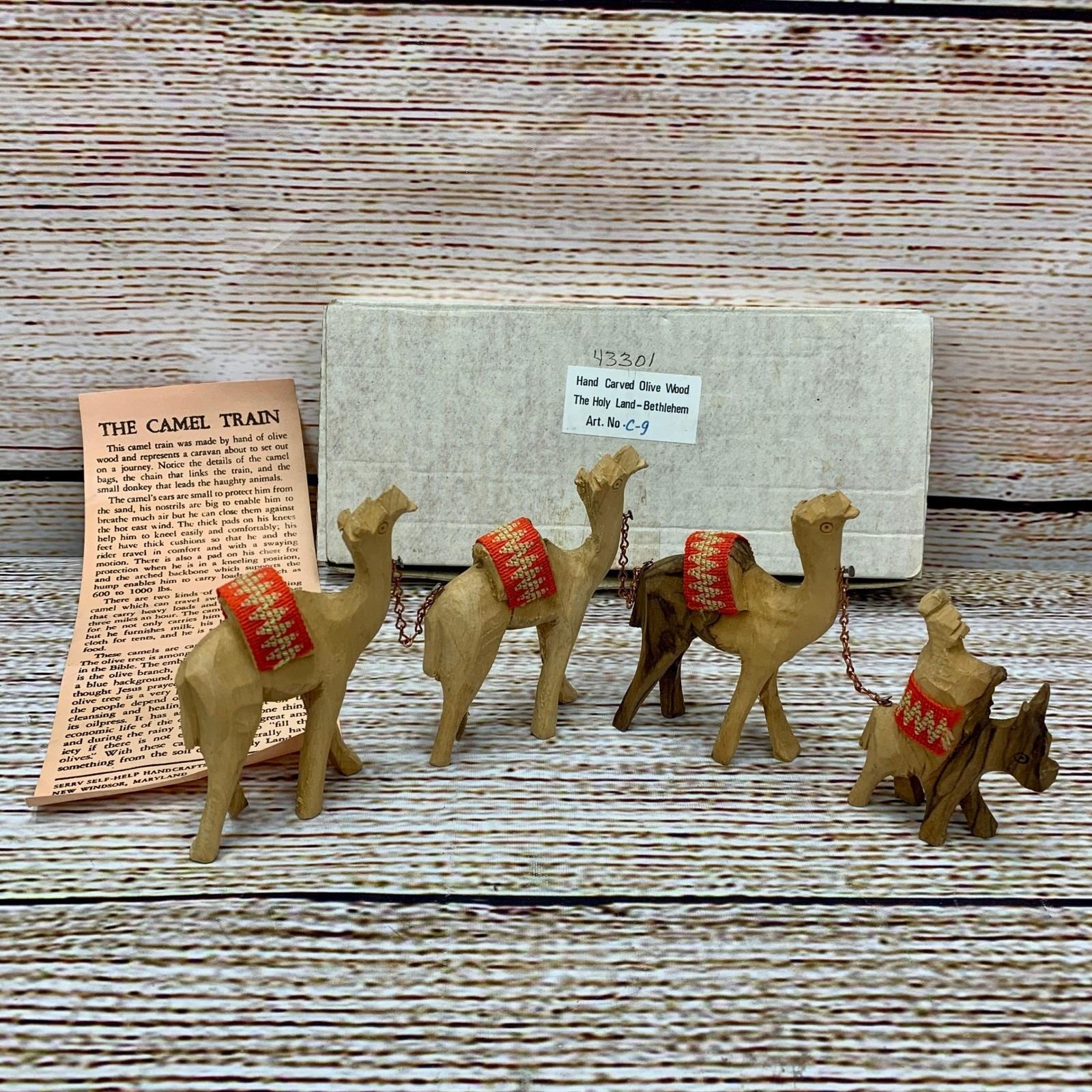 Vintage Hand Carved Olive Wood Camel Train the Holy Land Bethlehem