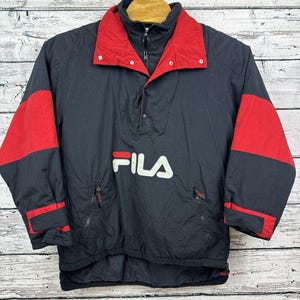 FILA Anorak Pullover Jacket Windbreaker Black & Red [Mens Medium] Vintage image 1