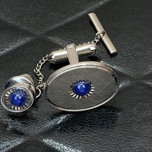 Vintage Silver Tone Tie Tack Clutch Pin & Cufflink with Blue Textured Detailing