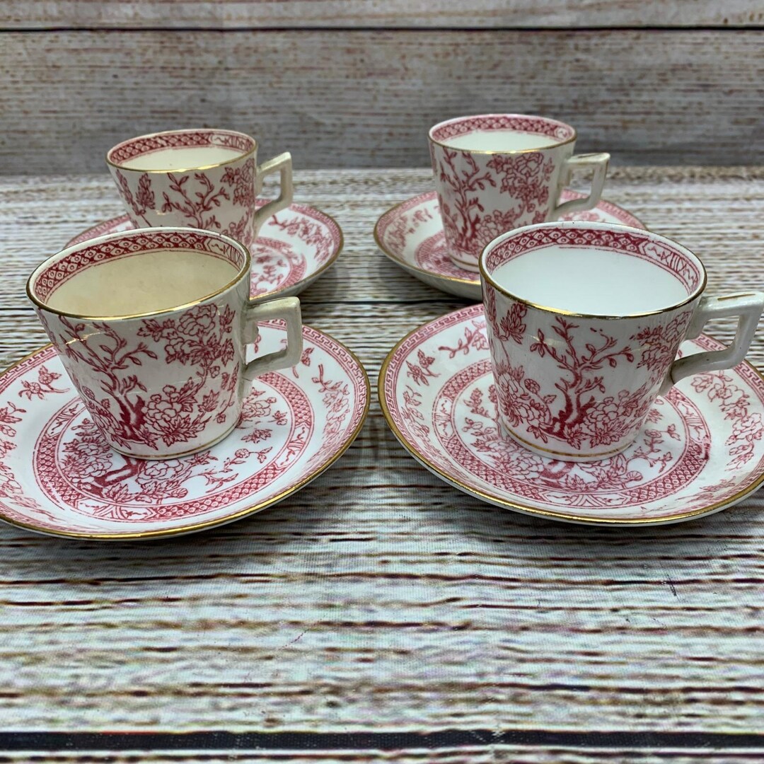 Antique Red Floral Tea Cups and Saucers Set of 4 Orchid China Vintage ...