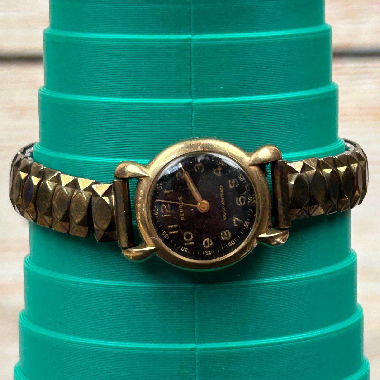 Benrus Vintage Mechanical Watch Black Dial Gold Tone Speidel  display picture 3