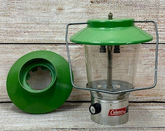 Vintage Coleman 200j Green Lantern Pyrex Glass USA Yellow Plastic