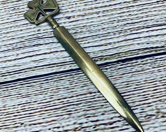 Vintage Brass Letter Opener Ornate Celtic Clover Cross Design Desk Paper Knife