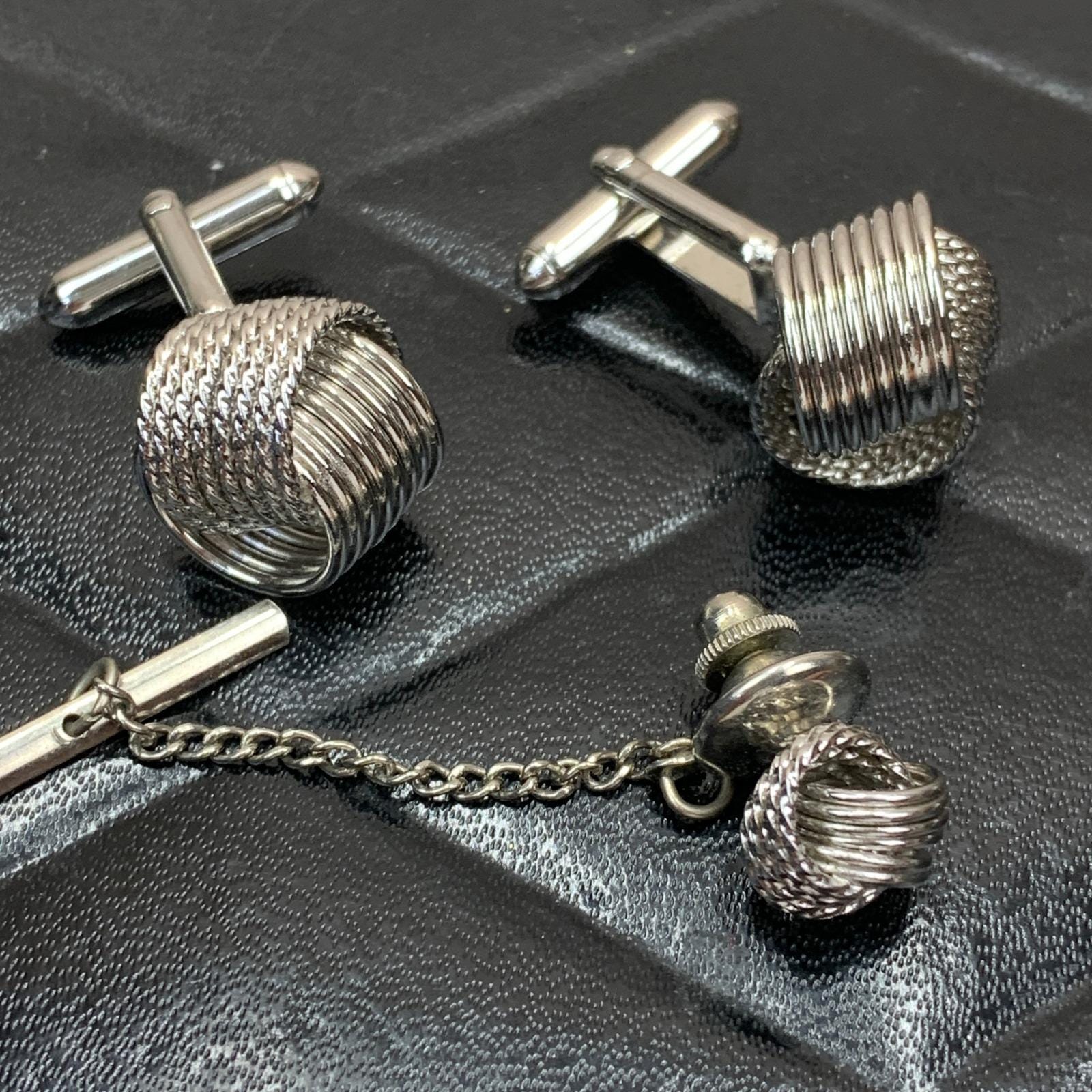 Vintage Silver Tone Woven Knot Cufflinks and Tie Tack Clutch Set