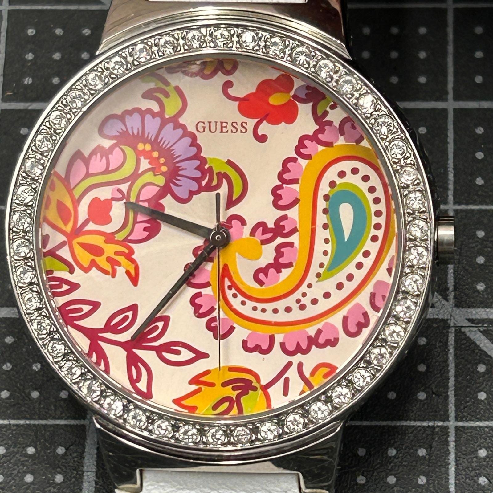 Guess Womens Paisley Floral Dial Crystal Bezel White Leather  display picture 2