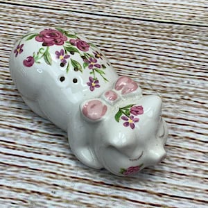 Puede incluir: Salero de cerámica blanca con forma de cerdo, con detalles florales y lazos rosas. El cerdo tiene un diseño caprichoso con flores moradas pintadas y hojas verdes. El salero tiene dos agujeros en la parte superior.