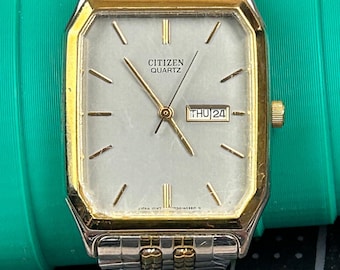 Citizen Quartz Two Tone Square Watch 1000-S63871 Day Date White Dial