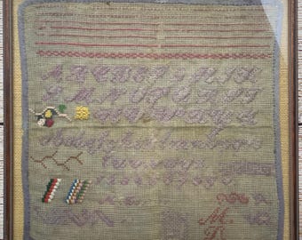 19世紀 ニードルポイント 額装 ウール手刺繍 19世紀 ニードルポイント 額装 ウール手刺繍 19世紀 ニードルポイント