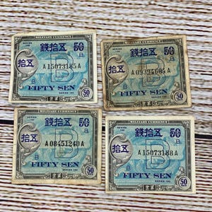Vintage WWII Japanese Military Currency Fifty Sen Note Lot of 4