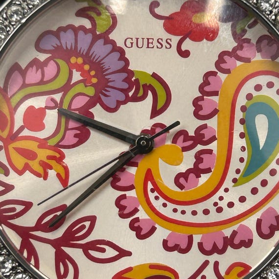 Guess Womens Paisley Floral Dial Crystal Bezel White Leather 