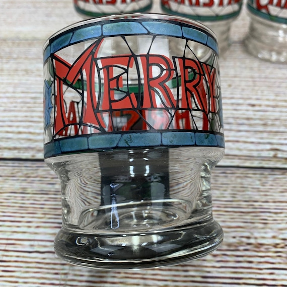 メリークリスマスドリンクグラス4個セット ステンドグラス風ホリデー