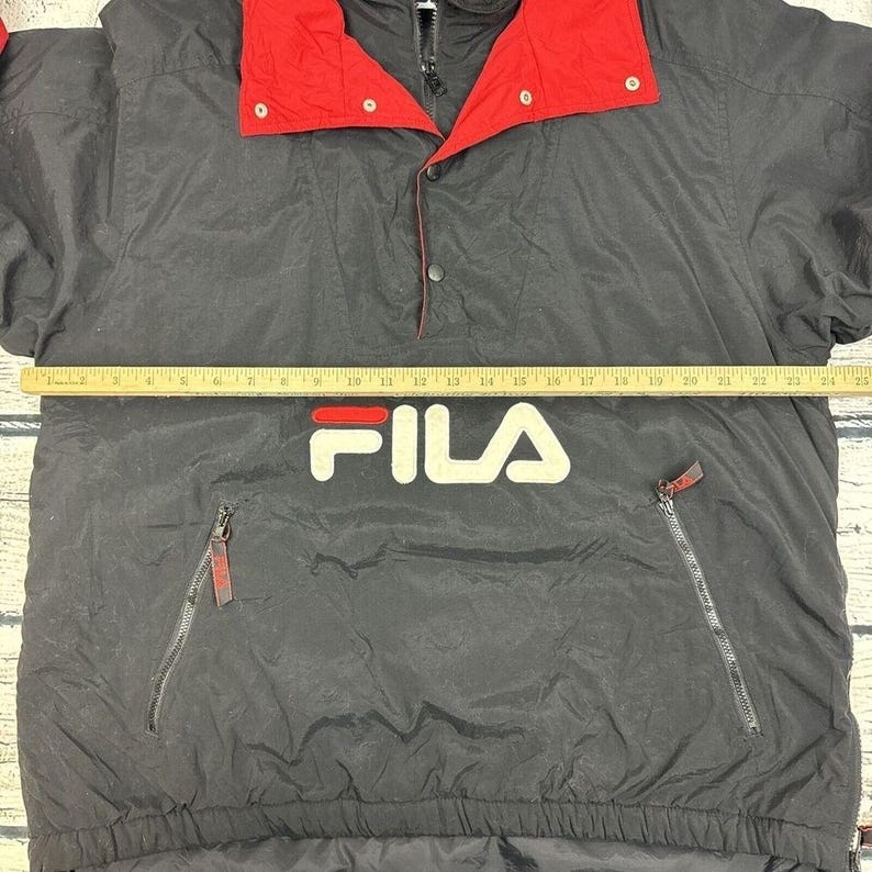 FILA Anorak Pullover Jacket Windbreaker Black & Red [Mens Medium] Vintage image 6