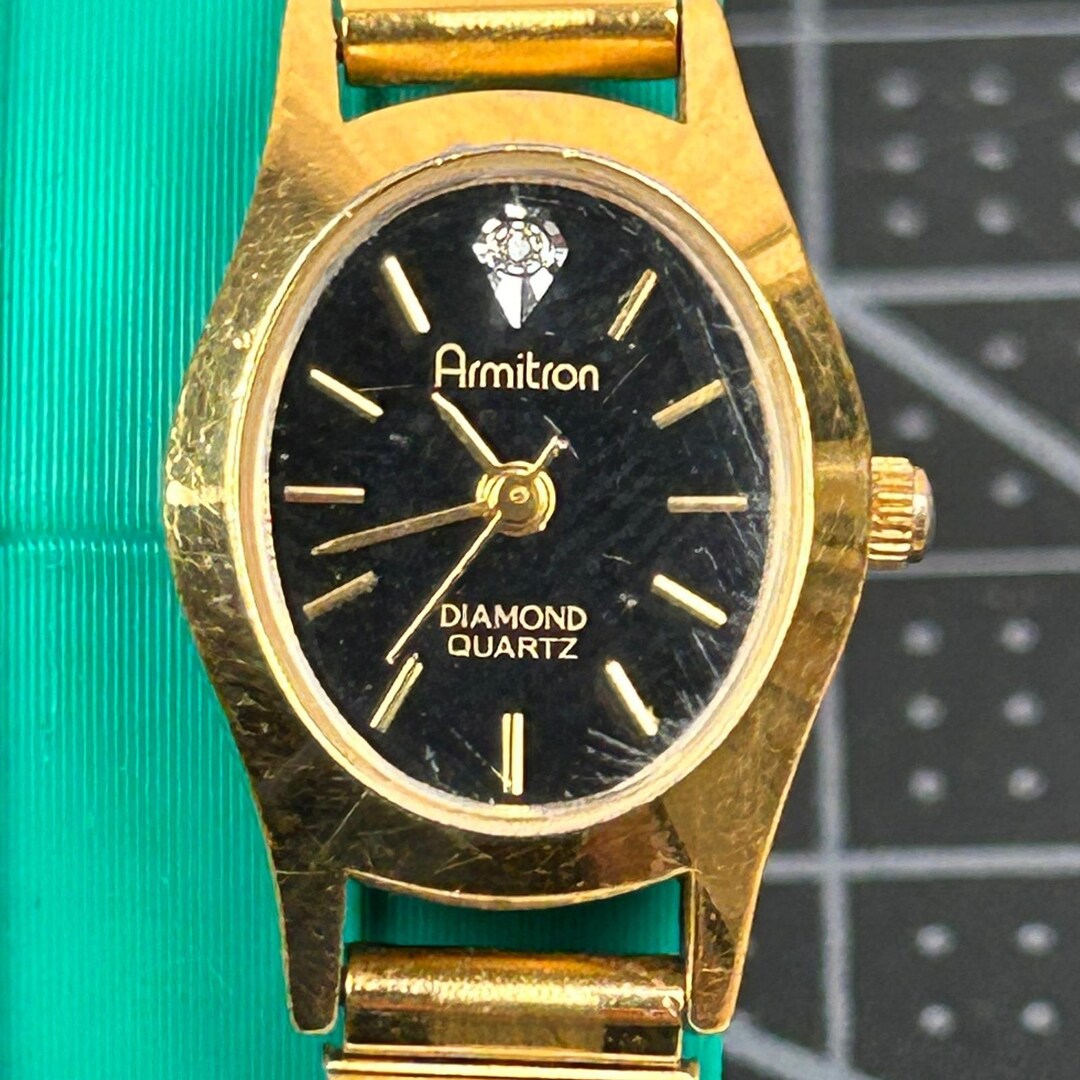 Vintage Armitron Gold Tone Oval Diamond Bezel Quartz Watch Dainty Cocktail 80s Vintage Armitron Gold Tone Oval Diamond Bezel Quartz Watch  main image 2