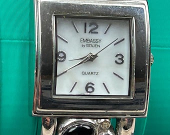 Embassy by Gruen Silver Tone Mother of Pearl Black Cabochon Cuff Watch GEM3316L